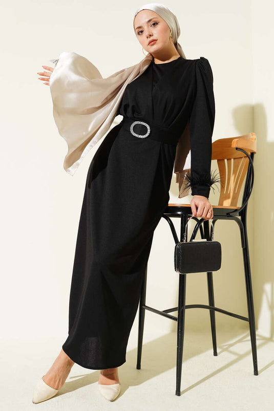 Black Evening Dress with Feathered Ankle Belt