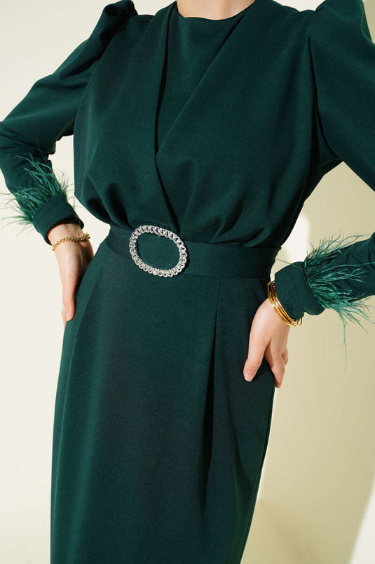 Emerald Green Evening Dress with Feathered Ankle Belt