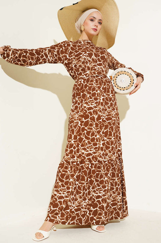 Bilek ve Bel Lastikli Bürümcük Elbise Kahve