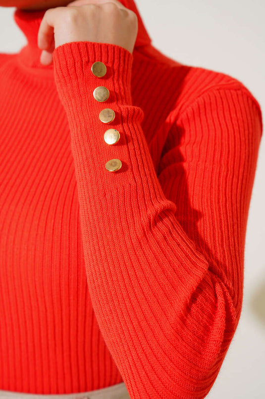 Pull Maille Cordonné avec Boutons aux Poignets Corail