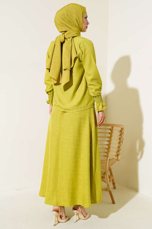 Bilekleri Lastikli Etekli İkili Takım Yağ Yeşili