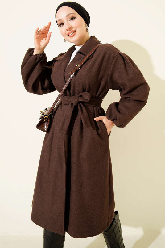 Cappotto Di Lana Con Polsini Elasticizzati E Banda Color Caffè