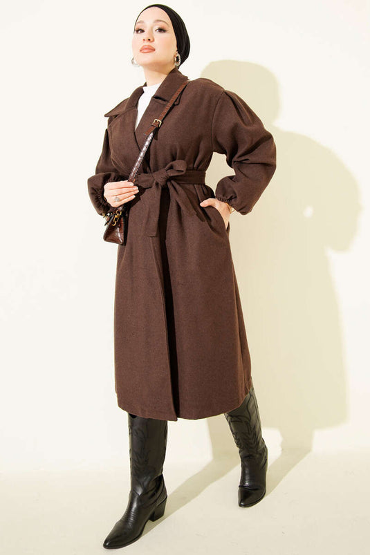 Cappotto Di Lana Con Polsini Elasticizzati E Banda Color Caffè