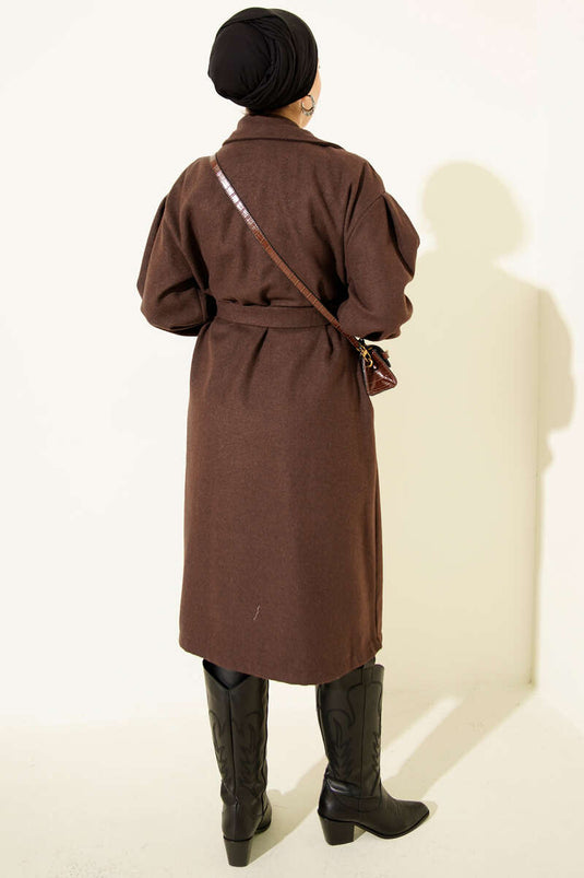 Cappotto Di Lana Con Polsini Elasticizzati E Banda Color Caffè