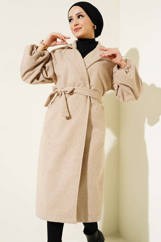 Bilekleri Lastikli Kaşe Kaban Latte