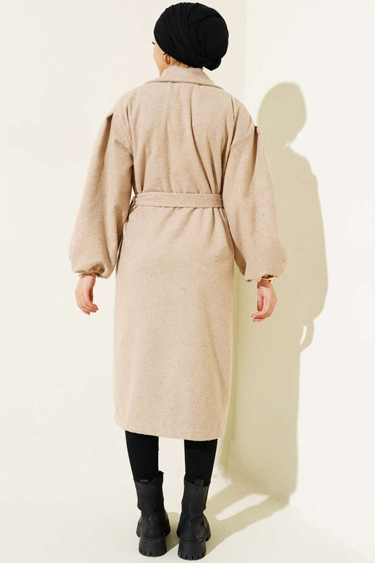 Bilekleri Lastikli Kaşe Kaban Latte