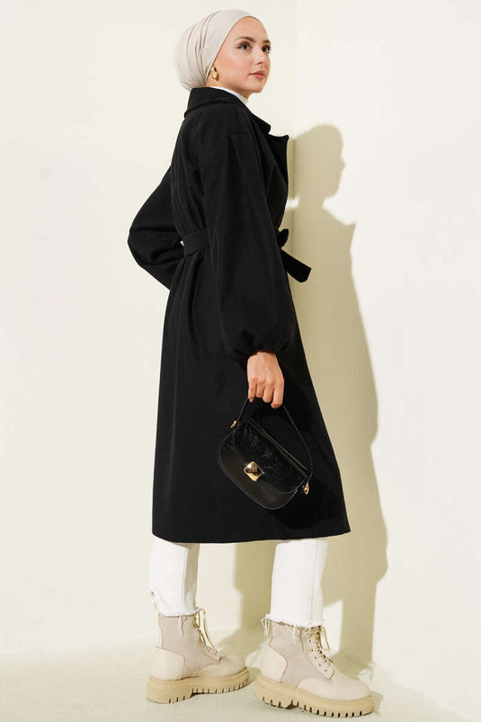 Black Wool Blend Belted Coat With Elastic Cuffs
