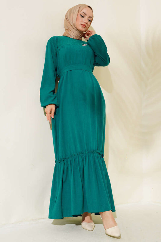 Bilekleri Lastikli Kuşaklı Elbise Zümrüt Yeşili
