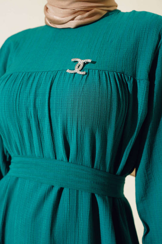 Bilekleri Lastikli Kuşaklı Elbise Zümrüt Yeşili