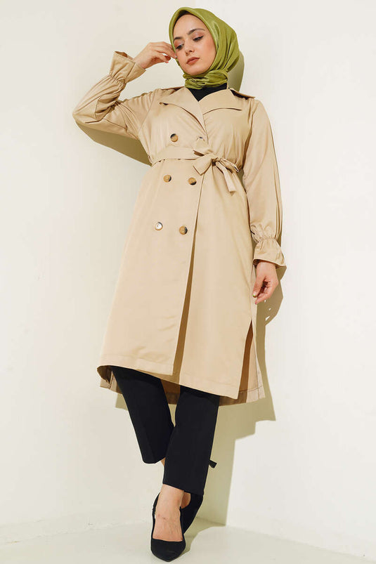 Trench Ceinturé Poignets Elastiques Beige