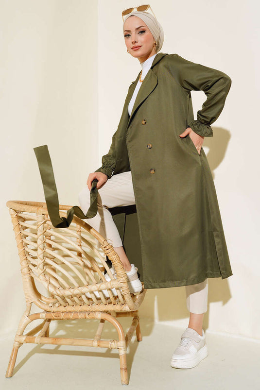 Elastic Cuffed Belted Trench Coat Khaki