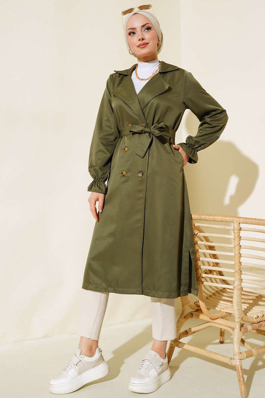 Elastic Cuffed Belted Trench Coat Khaki