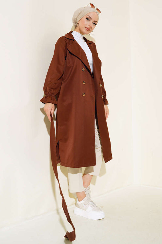 Trench Coat with Elastic Cuffs and Belt Chestnut