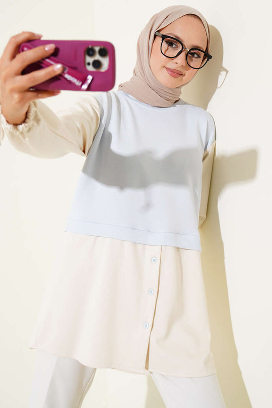 Bilekleri Tünelli Garnili Tunik Bebe Mavi