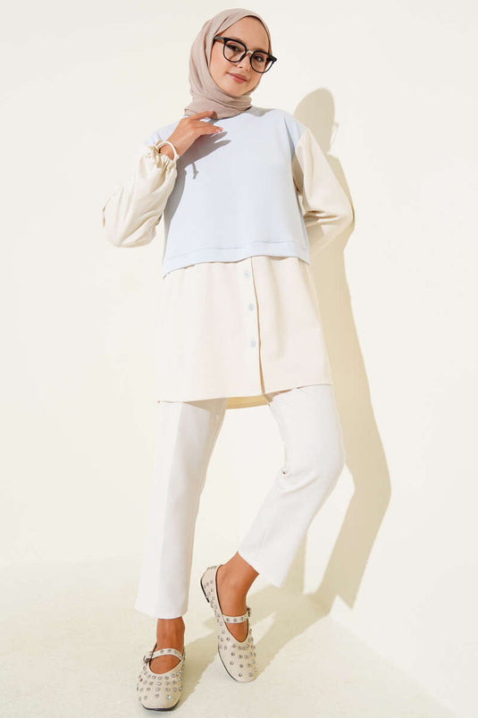 Bilekleri Tünelli Garnili Tunik Bebe Mavi