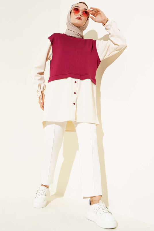 Bilekleri Tünelli Garnili Tunik Bordo