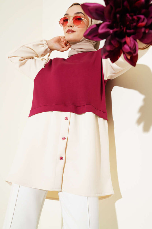 Bilekleri Tünelli Garnili Tunik Bordo