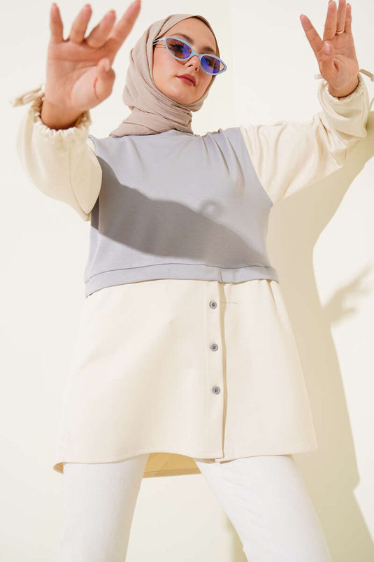 Bilekleri Tünelli Garnili Tunik Gri