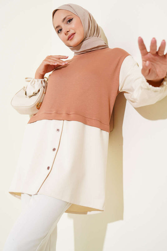 Bilekleri Tünelli Garnili Tunik Kestane