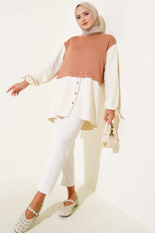 Bilekleri Tünelli Garnili Tunik Kestane