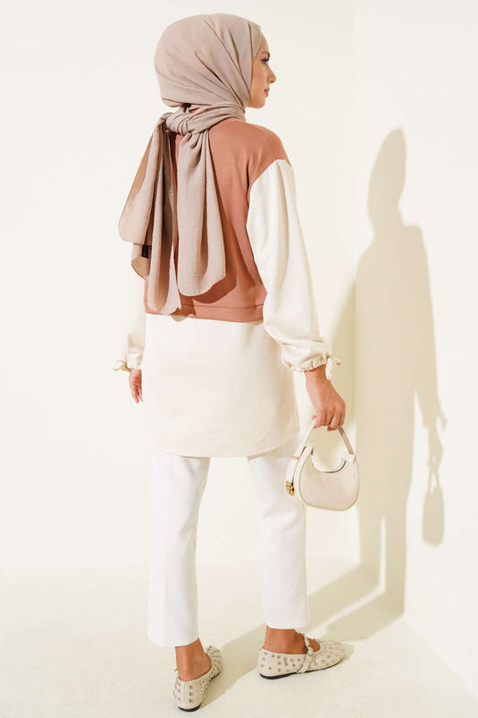 Bilekleri Tünelli Garnili Tunik Kestane