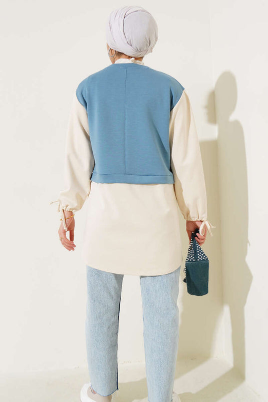 Bilekleri Tünelli Garnili Tunik Petrol