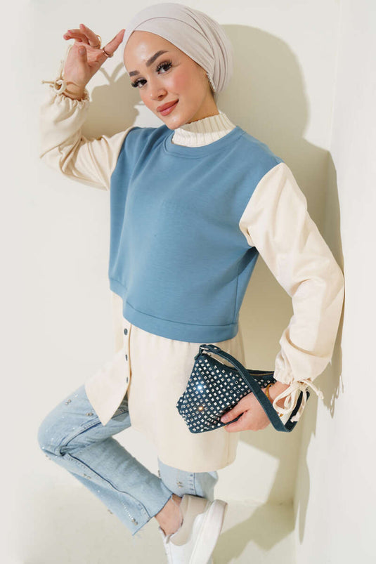 Bilekleri Tünelli Garnili Tunik Petrol