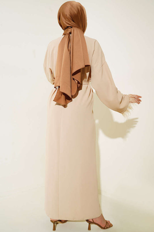 Robe Ceinturée Poignet À Plumes Beige