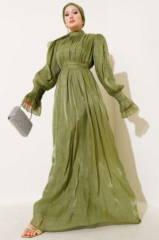 فستان مع شال معصم مكشكش وحقيبة هدايا، لون أخضر لوزي