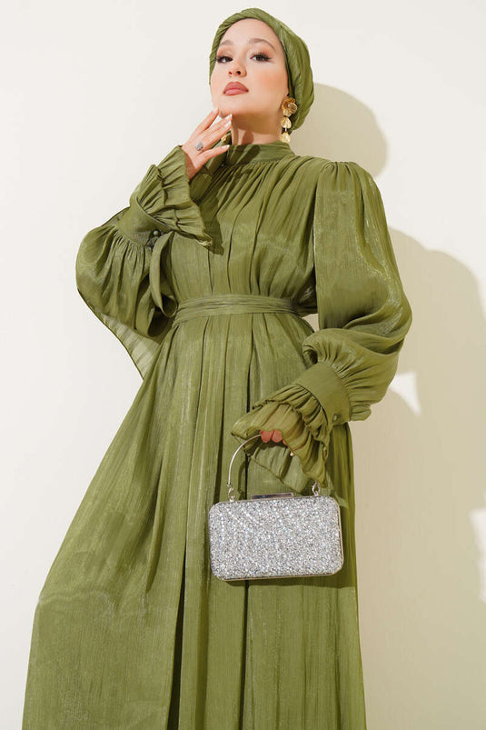 فستان مع شال معصم مكشكش وحقيبة هدايا، لون أخضر لوزي