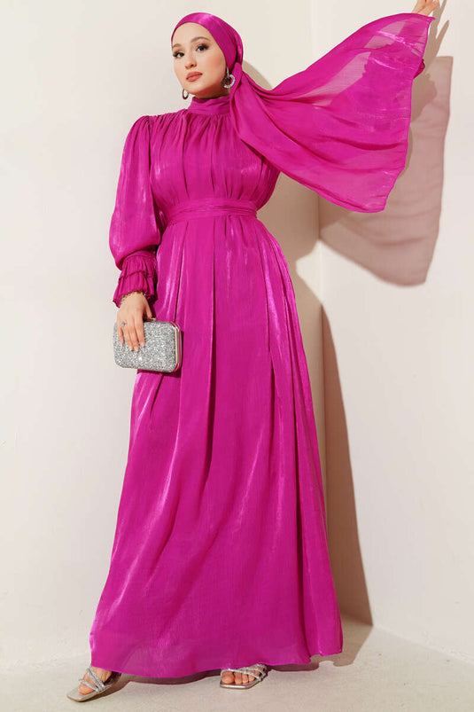 Bilekten Fırfırlı Şal Hediyeli Elbise Fusya