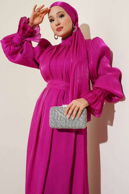 Bilekten Fırfırlı Şal Hediyeli Elbise Fusya