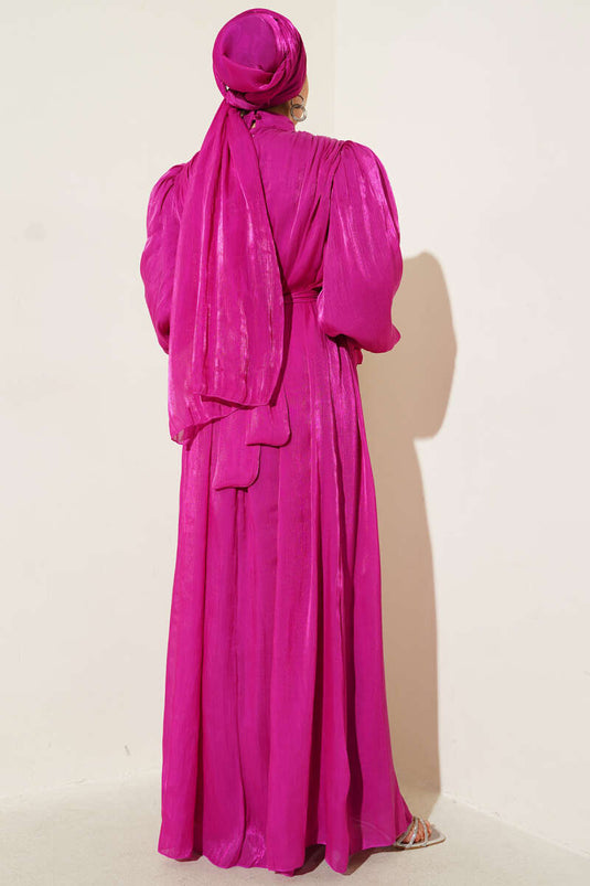 Bilekten Fırfırlı Şal Hediyeli Elbise Fusya