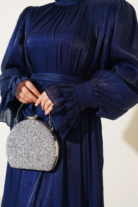 Bilekten Fırfırlı Şal Hediyeli Elbise Lacivert