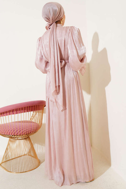 Bilekten Fırfırlı Şal Hediyeli Elbise Pudra