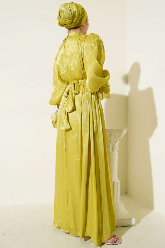 Olive Green Dress with Ruffled Wristband and Gift Scarf