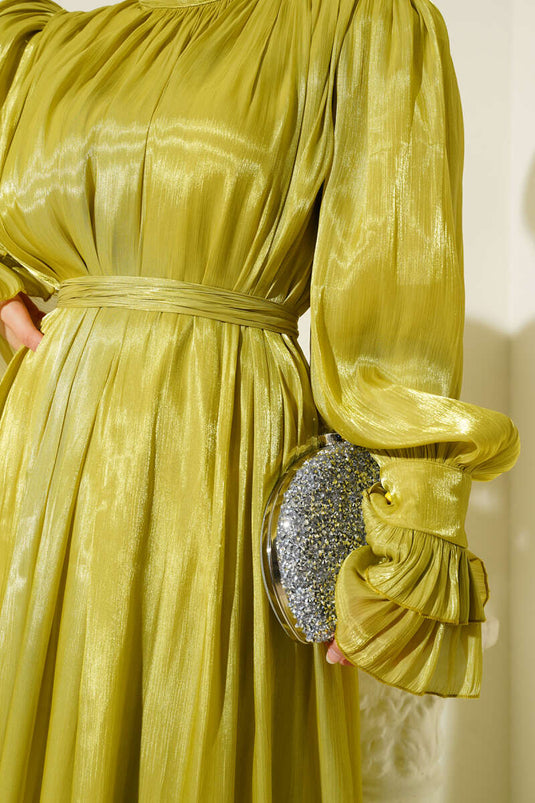 Olive Green Dress with Ruffled Wristband and Gift Scarf