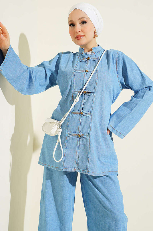 Light Blue Buttoned Tie-Detail Denim Two-Piece Set