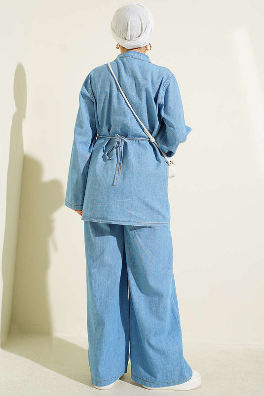 Light Blue Buttoned Tie-Detail Denim Two-Piece Set