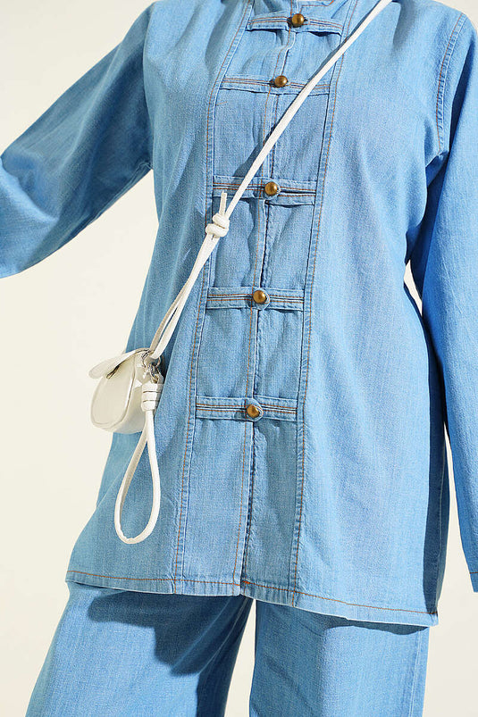 Light Blue Buttoned Tie-Detail Denim Two-Piece Set