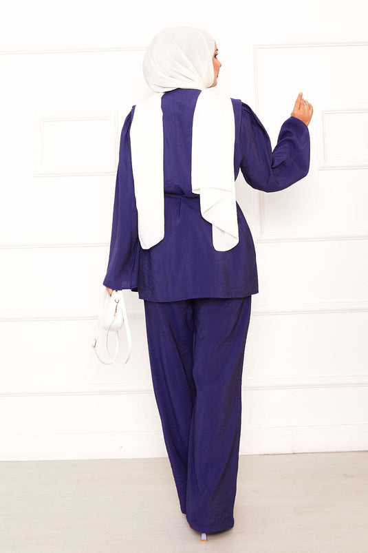 British Buttoned Removable Belted Two-Piece Suit Navy Blue