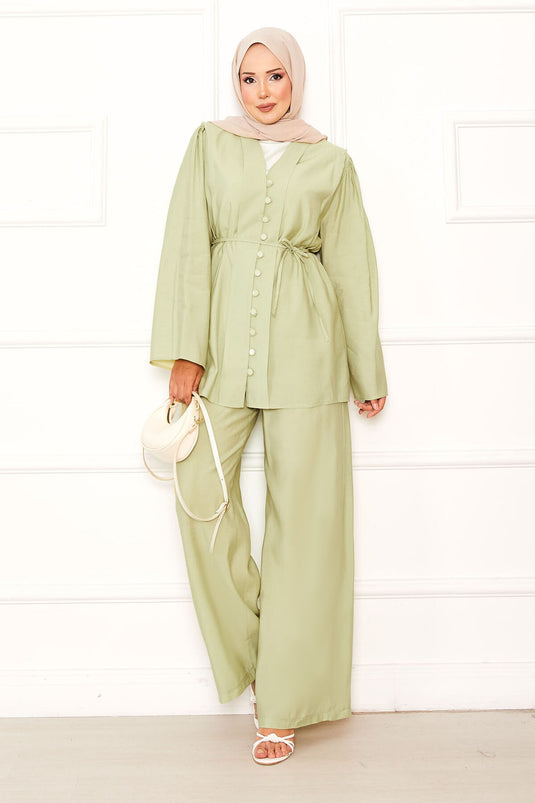 Brit Buttoned Removable Belted Two Piece Suit Oil Green