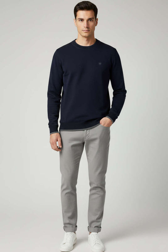 Men's Crew Neck Sweatshirt with Emblem, Navy Blue