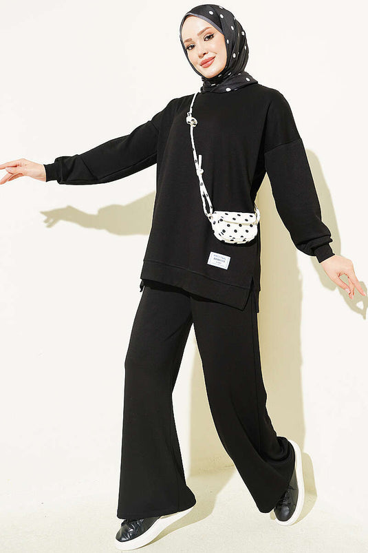 Black Crew Neck Embroidered Two-Piece Set