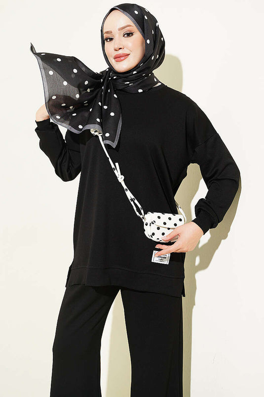 Black Crew Neck Embroidered Two-Piece Set
