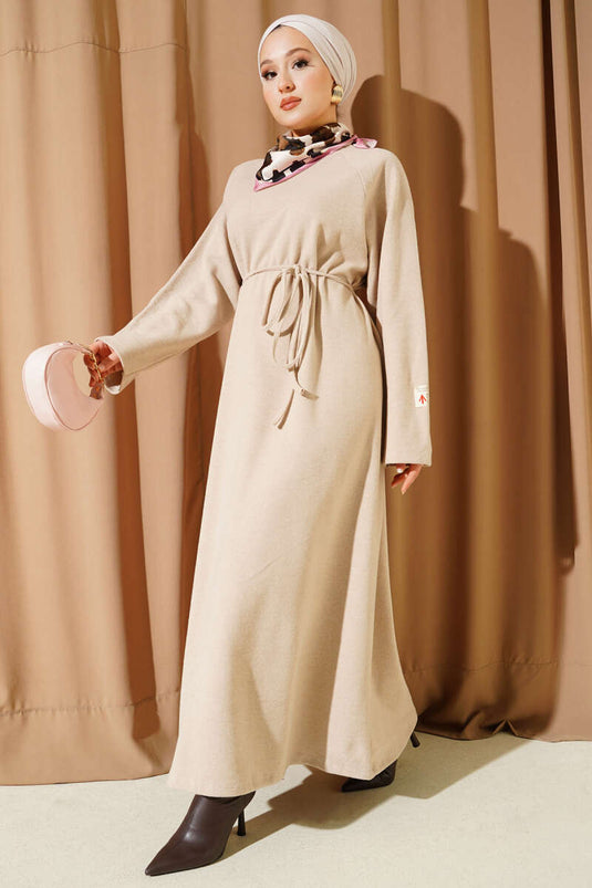 Crew Neck Embroidered Rope Belted Dress Beige