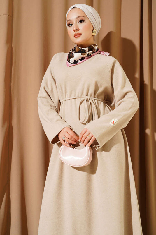 Crew Neck Embroidered Rope Belted Dress Beige
