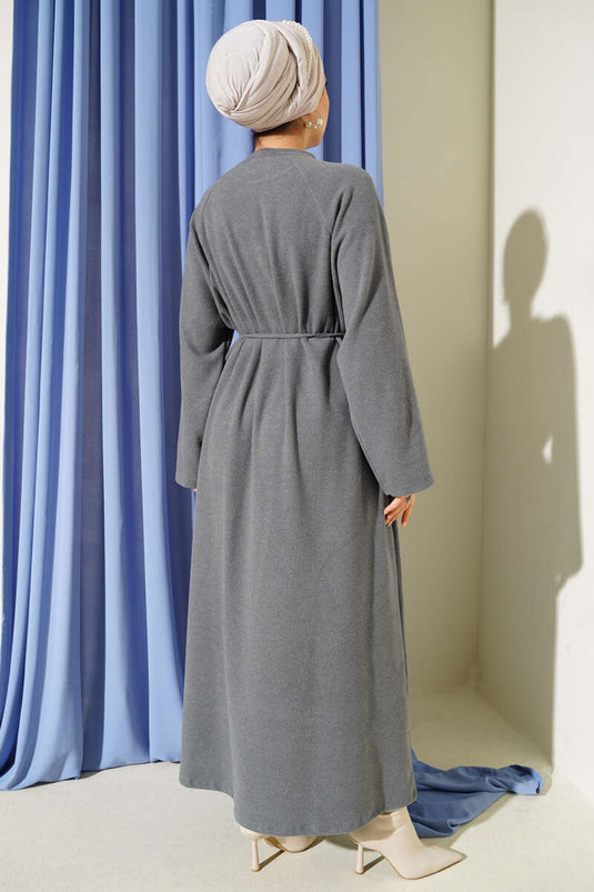 Kleid mit Rundhalsausschnitt, besticktem Seilgürtel und Grau