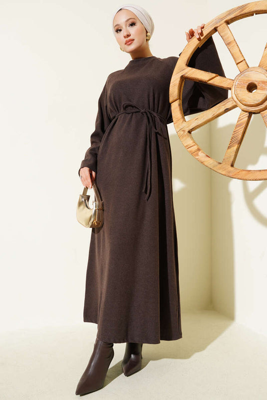 Coffee Crew Neck Dress with Emblem and Rope Belt (Coffee)