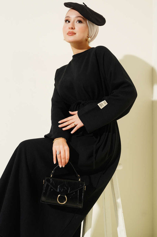 Crew Neck Embroidered Rope Belted Dress Black